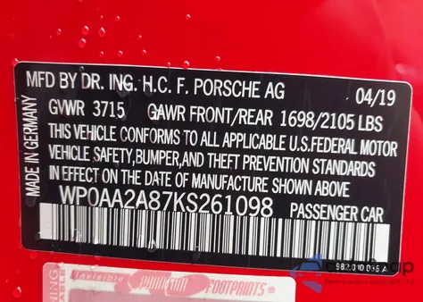 2019 Porsche 718 Cayman z USA, uszkodzony, nr VIN WP0AA2A87KS261098